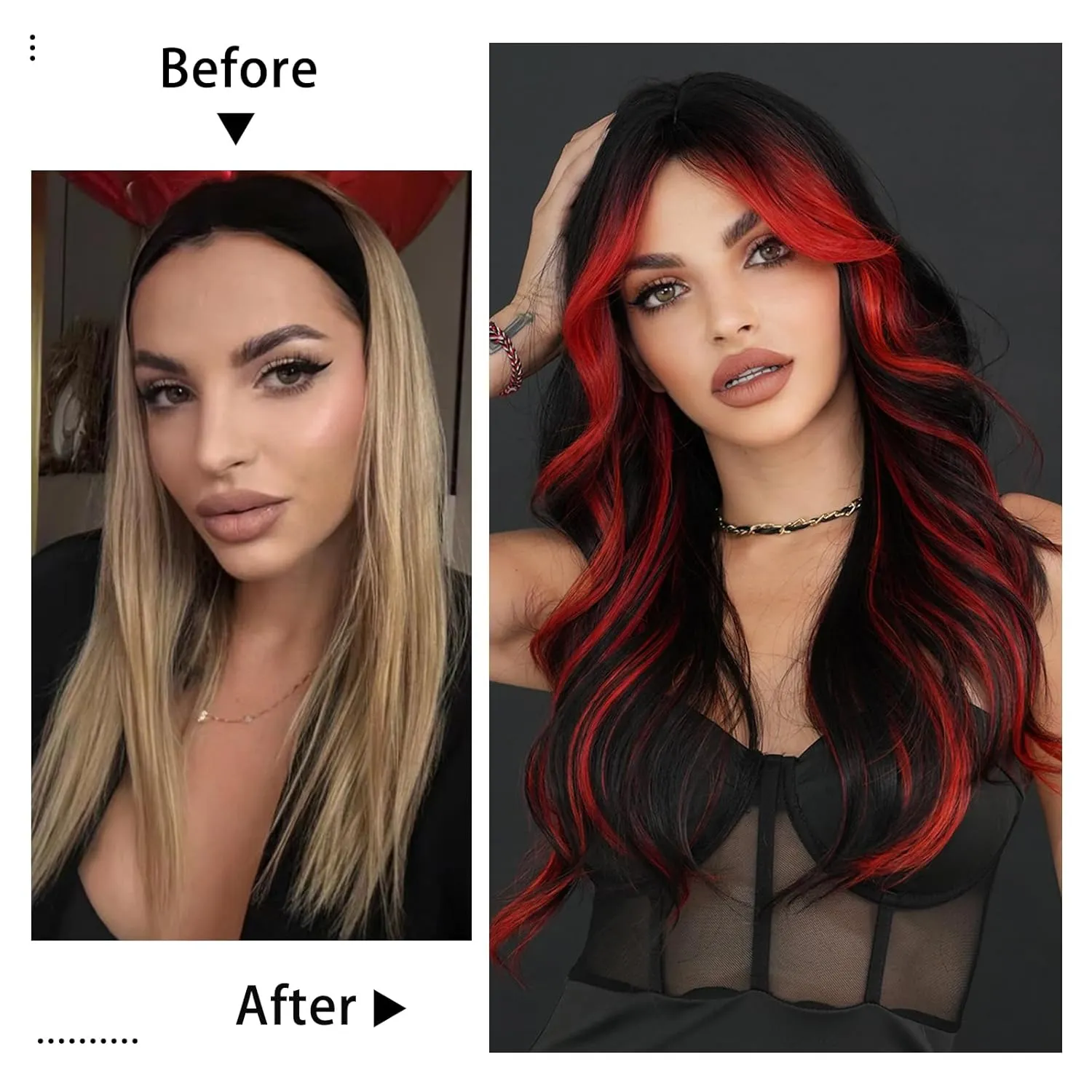 Black Red Highlight Long Wavy Wig with Curtain Bang 26 Inch Red Black Ombre Synthetic Heat Resistant with Dark Root Wig for Women Daily Party used.