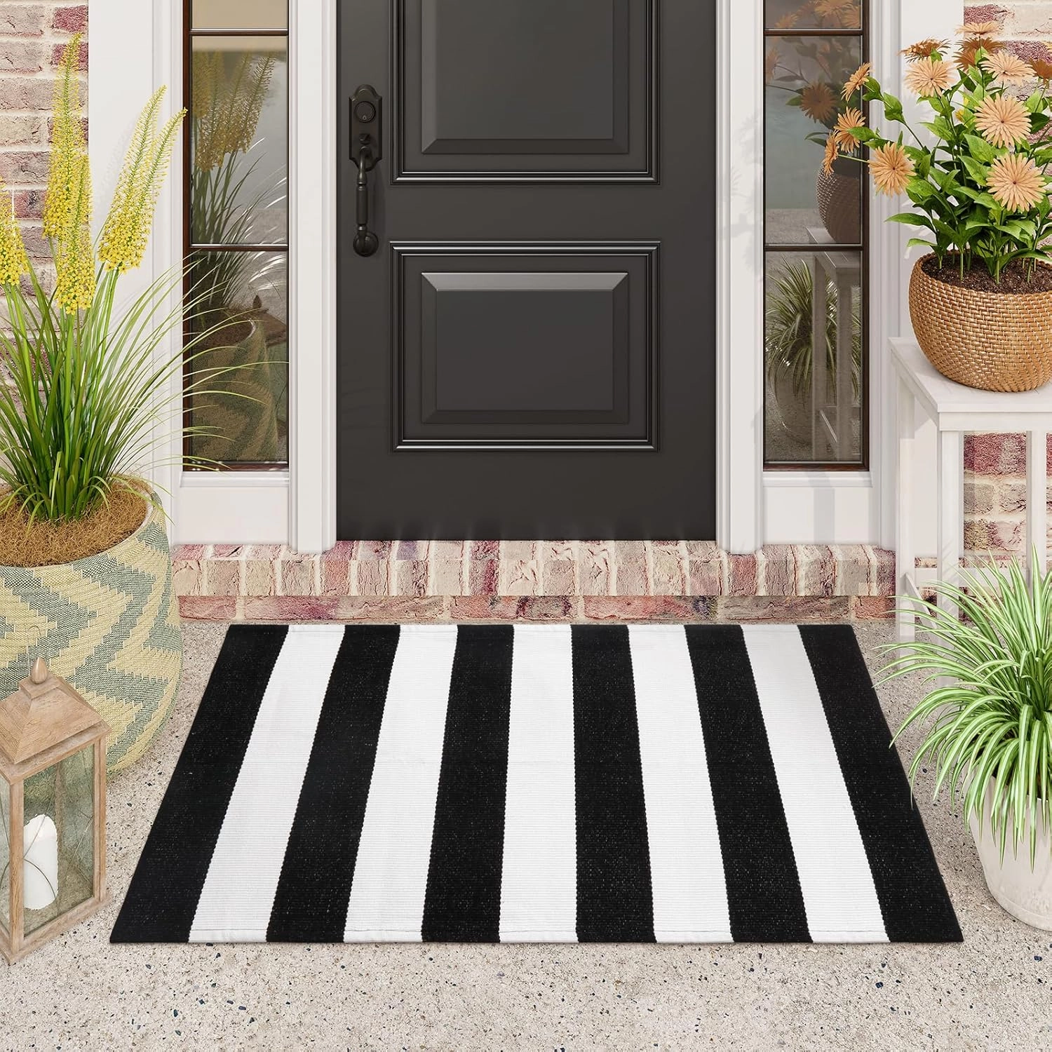 Black and White Striped Outdoor Rugs 2.3'x3.6', Washable Hand Woven Front Door Rug, Reversible Welcome Mat Foldable Layered Door Mats for Entryway Porch Decor Home Entrance