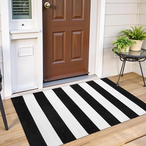 Black and White Striped Outdoor Rugs 2.3'x3.6', Washable Hand Woven Front Door Rug, Reversible Welcome Mat Foldable Layered Door Mats for Entryway Porch Decor Home Entrance