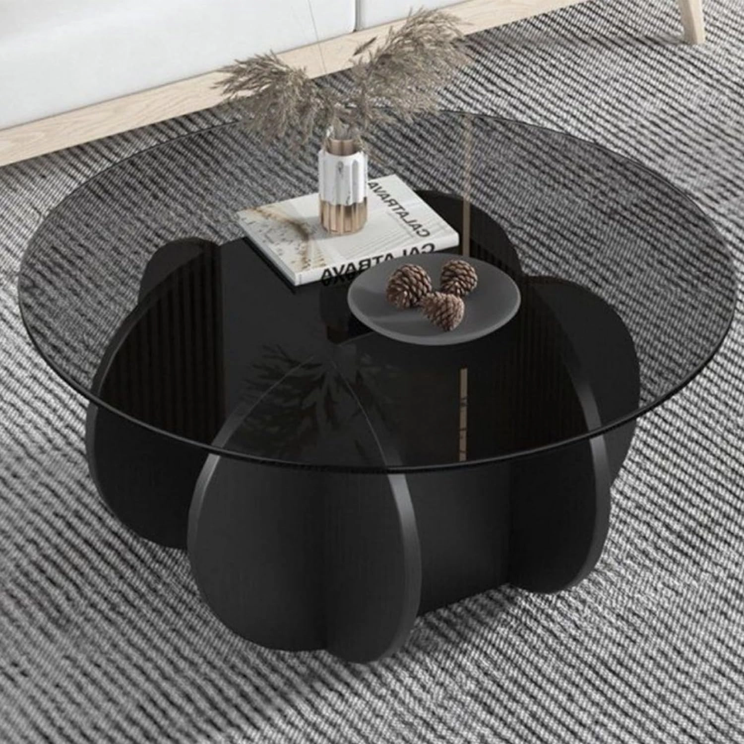 Black Coffee Table, 31.5" Round Glass Coffee Table for Living Room Mid Century Modern Coffee Table Unique Circle Center Table with Wood Base