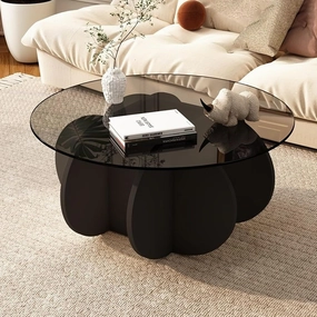 Black Coffee Table, 31.5" Round Glass Coffee Table for Living Room Mid Century Modern Coffee Table Unique Circle Center Table with Wood Base