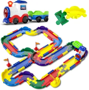 Block Rider Toy Train Set with Colorful & Multiple Track Layout - USB Rechargeable Type-C Engine - Various Sound Modes - New York, Chicago, Amtrac, Fun Play For Kids 1-8 Years (Medium - 82 Pcs)