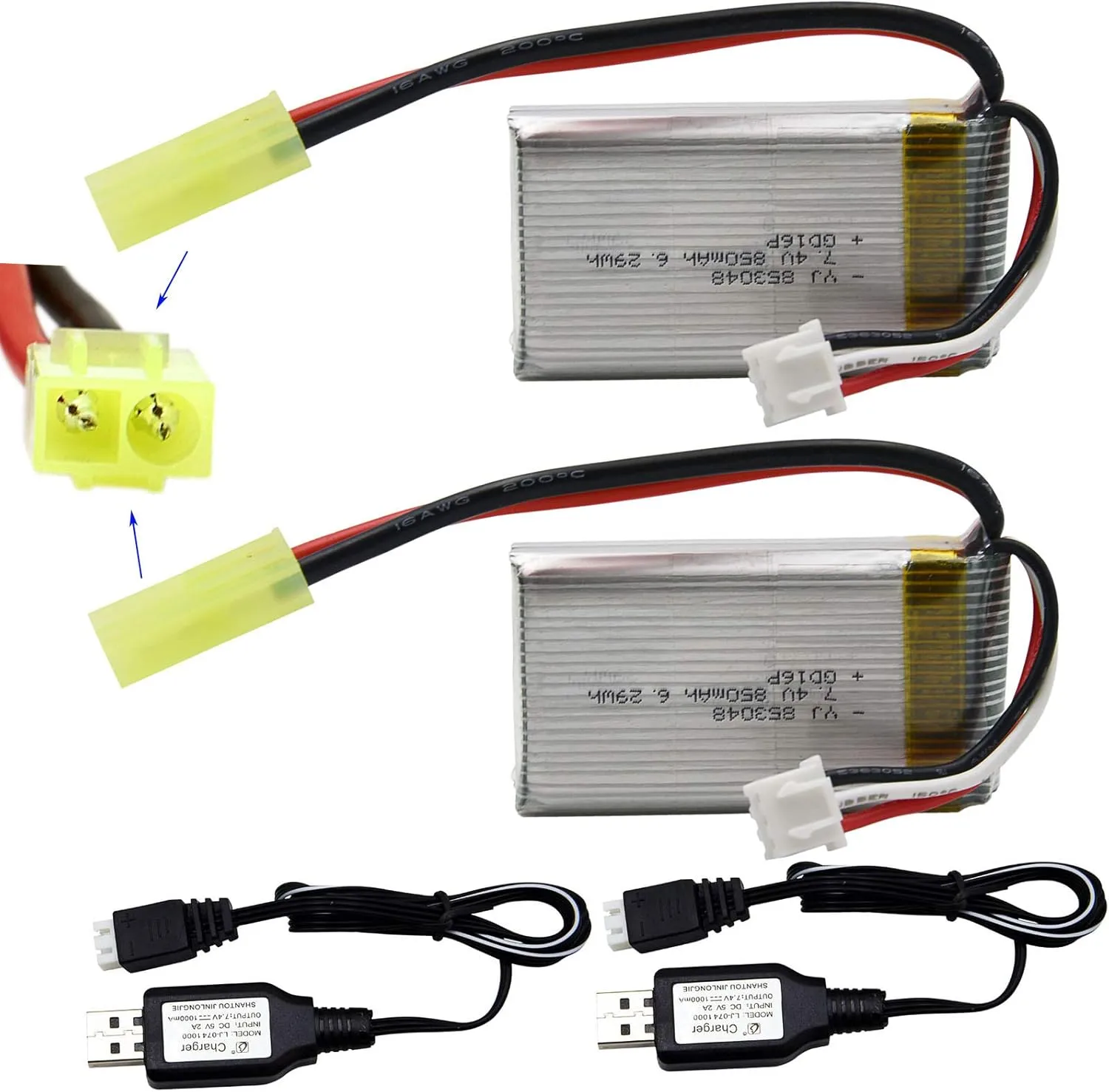 Blomiky 2 Pack 7.4V 850mAh 6.29Wh Li-PO Rechargeable Battery with Mini Tamiya Plug fit for 1/18 Scale 9310YL 9310 9301E 9302E 9303E 9034E 9305E RC Car Truck 9300 850 2