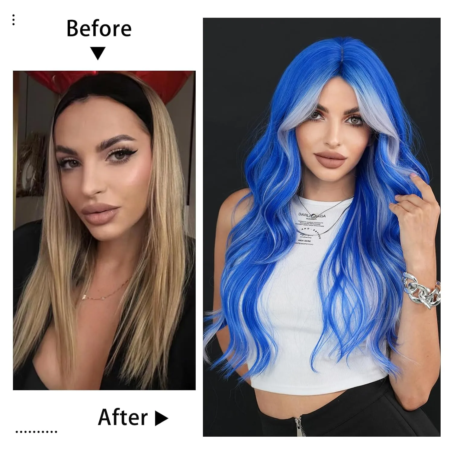Blue Platinum Blonde Highlight Long Wavy Wig with Curtain Bang 26 Inch Ombre Blue Blonde Wig Synthetic Heat Resistant for Women Daily Party used.
