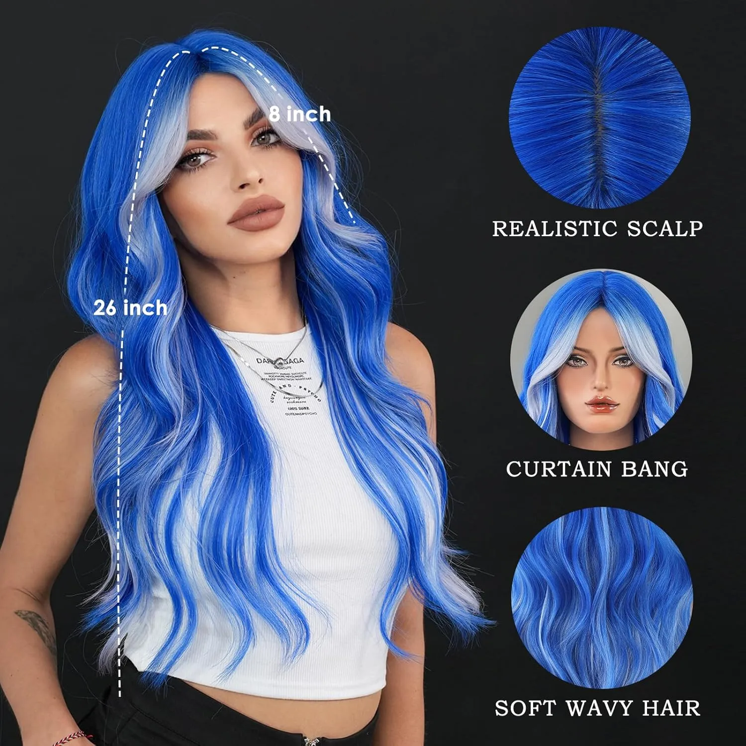 Blue Platinum Blonde Highlight Long Wavy Wig with Curtain Bang 26 Inch Ombre Blue Blonde Wig Synthetic Heat Resistant for Women Daily Party used.