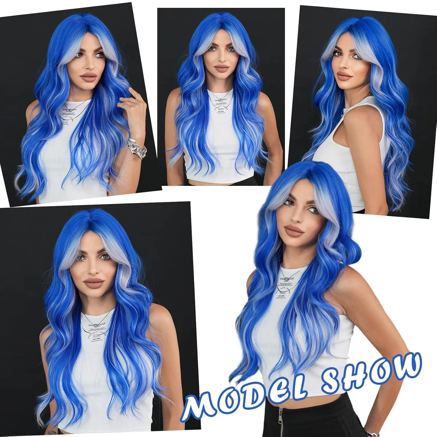 Blue Platinum Blonde Highlight Long Wavy Wig with Curtain Bang 26 Inch Ombre Blue Blonde Wig Synthetic Heat Resistant for Women Daily Party used.
