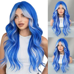 Blue Platinum Blonde Highlight Long Wavy Wig with Curtain Bang 26 Inch Ombre Blue Blonde Wig Synthetic Heat Resistant for Women Daily Party used.