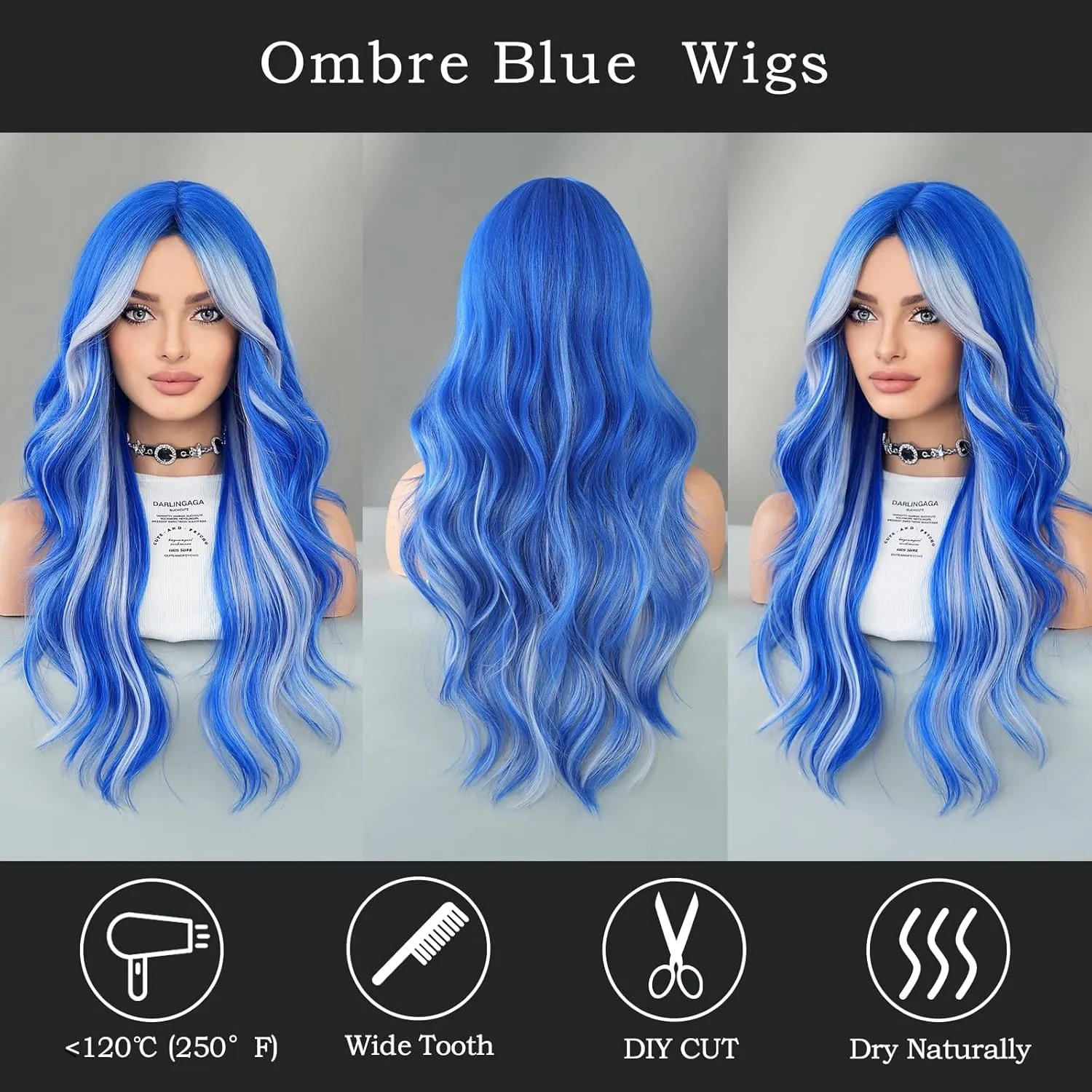 Blue Platinum Blonde Highlight Long Wavy Wig with Curtain Bang 26 Inch Ombre Blue Blonde Wig Synthetic Heat Resistant for Women Daily Party used.