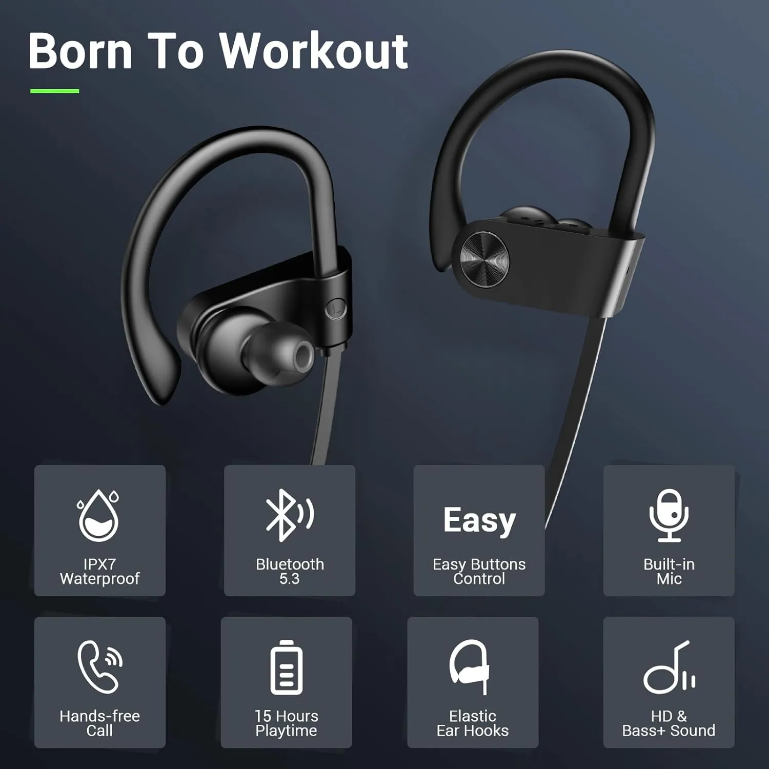 Bluetooth Headphones, Bluetooth 5.3 IPX7 Waterproof Wireless Sports Earbuds for Workout Gym, 16 Hrs Playtime Running Headphones with Noise Cancelling Mic, HiFi Bass Stereo in-Ear Earphones