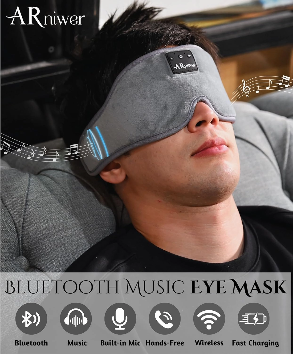 Bluetooth Music Eye Mask Wireless Bluetooth Speaker with Crystal Clear Stereo Cradle Sound, Suitable for Relaxing, Sleeping, and Resting. (Black)