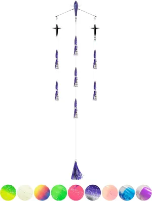BLUEWING 18"/36" Fishing Spreader Bar Canyon Center/Port/Starboard Offshore with 6in/9in Floating Squids, Trolling Birds and 316 Stainless Steel Rod for Wahoo Tuna Marlin Mahi Mahi, Includes Mesh Bag