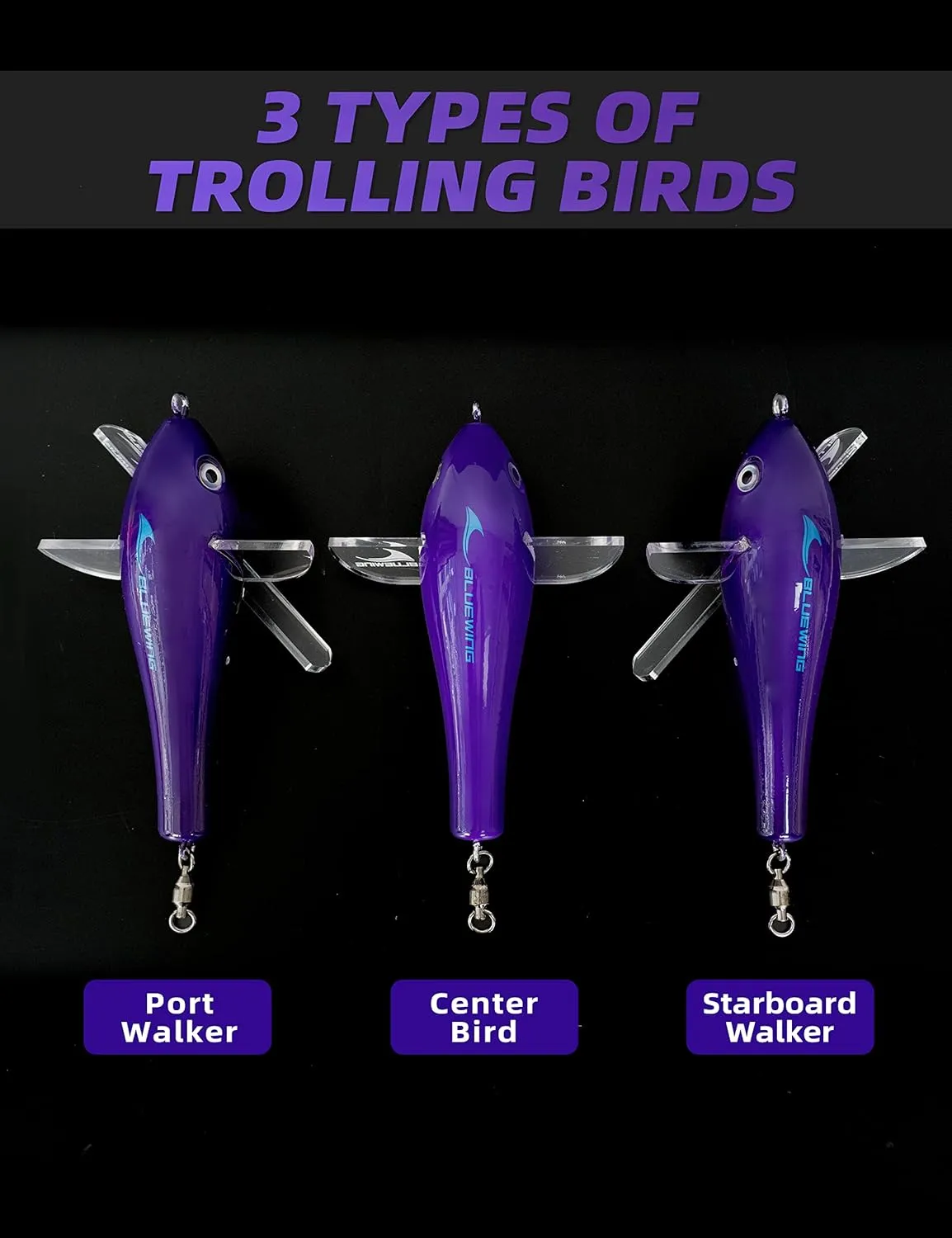 BLUEWING 18"/36" Fishing Spreader Bar Canyon Center/Port/Starboard Offshore with 6in/9in Floating Squids, Trolling Birds and 316 Stainless Steel Rod for Wahoo Tuna Marlin Mahi Mahi, Includes Mesh Bag