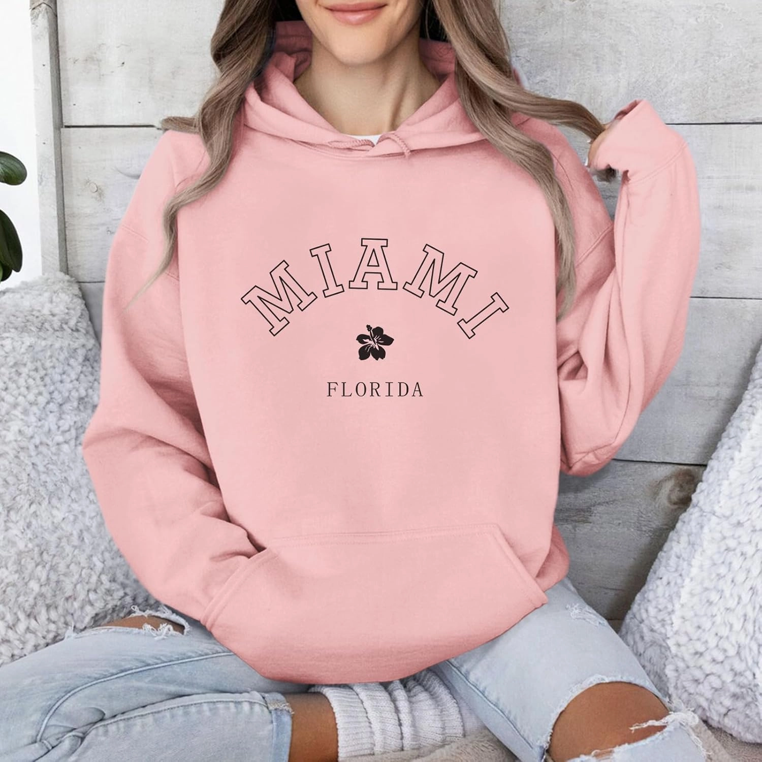 Bobeutou Oversized Letter Graphic Print Hoodies for Women Miami Florida Sweatshirt Preppy Trendy Fleece Pocket Pullover Top