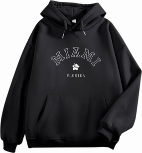 Bobeutou Oversized Letter Graphic Print Hoodies for Women Miami Florida Sweatshirt Preppy Trendy Fleece Pocket Pullover Top