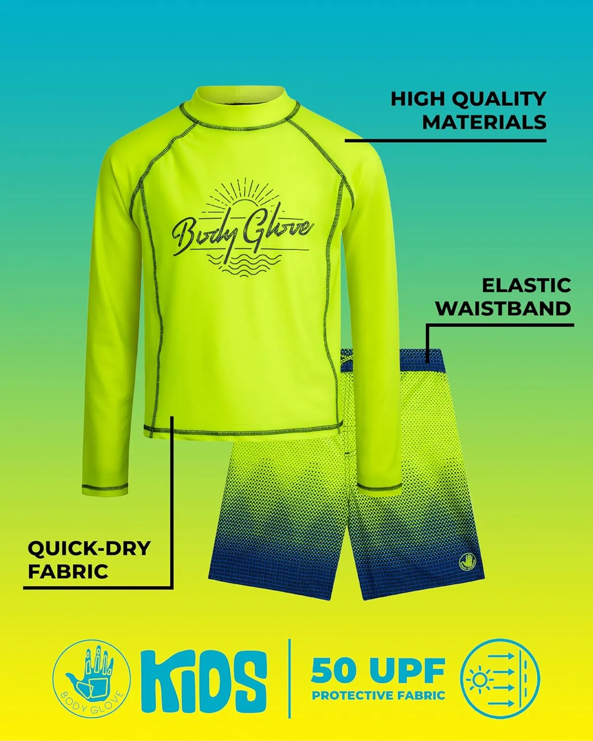 Body Glove Boys Swim Set - 2 Piece UPF 50  Swim Trunks and Rash Guard for Boys Kids Swimwear Set (Sizes: 4-12)