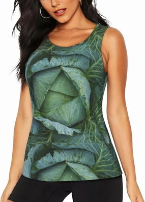 Bright Cabbage Print Daily-Errands Functionality Sleeveless Gym Tank Top Running Hiking Fitness Training