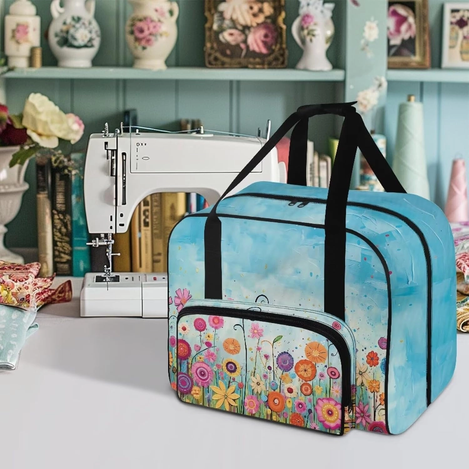 Bright Colorful Flower Sewing Machine Case with Padding Pad, Travel Case for Sewing Machine and Accessories (Fit for Most Standard Sewing Machines)(Bag Only)