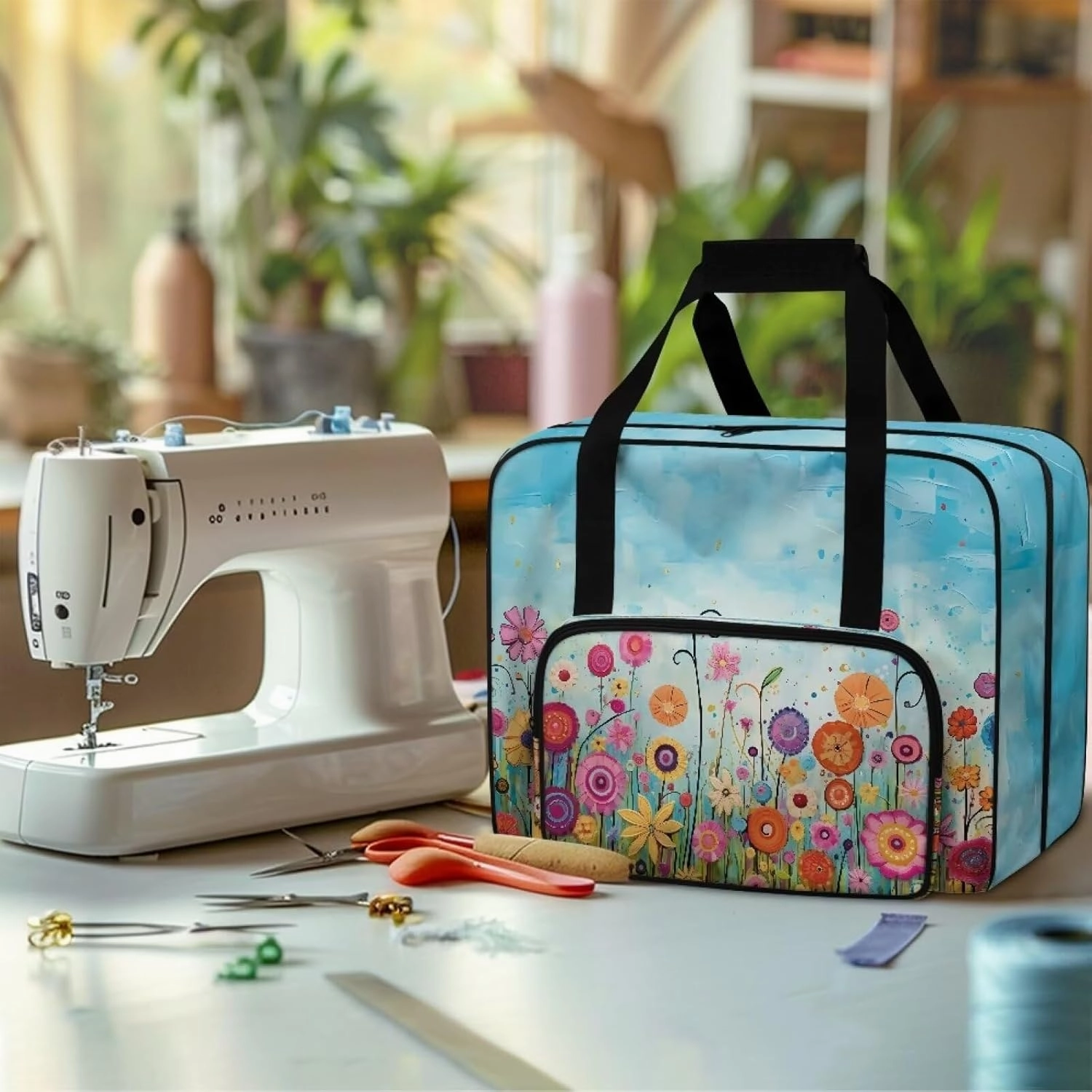 Bright Colorful Flower Sewing Machine Case with Padding Pad, Travel Case for Sewing Machine and Accessories (Fit for Most Standard Sewing Machines)(Bag Only)