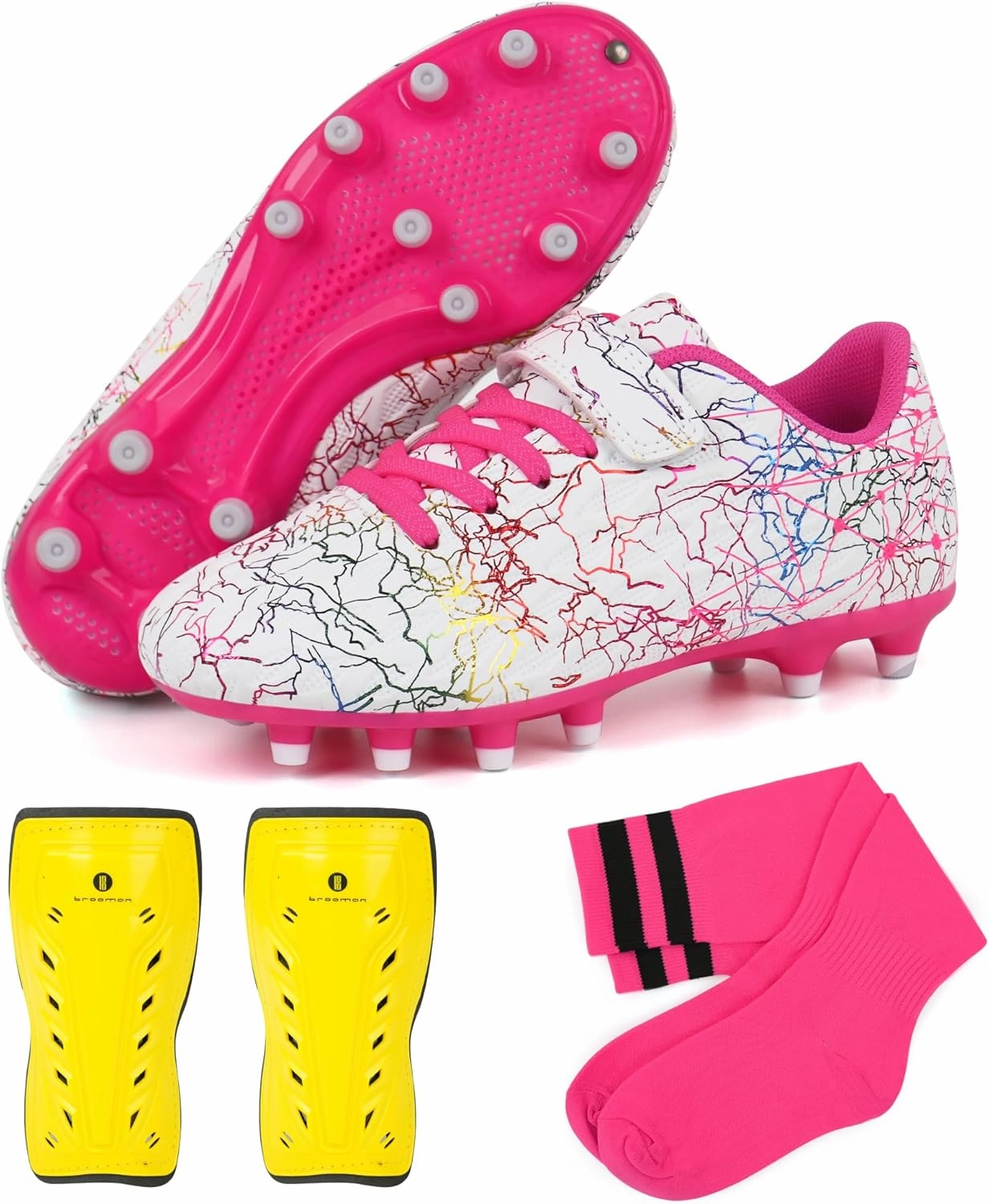 brooman Kids Firm Ground Soccer Cleats Girls Football Cleats with Shin Guards and Soccer Socks