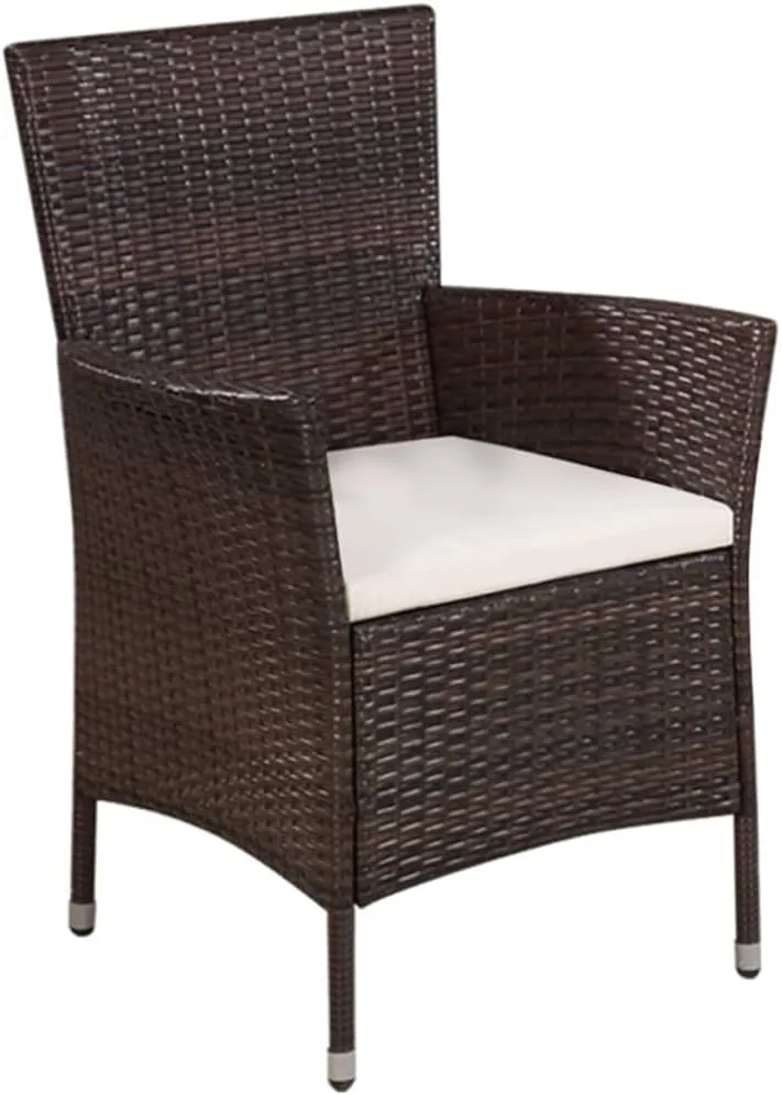 Brown Poly Rattan Patio Chair Set with Cream Cushions, Outdoor Dining Chair and Stool, Lightweight Steel Frame Furniture for Garden, Poolside, Backyard