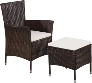 Brown Poly Rattan Patio Chair Set with Cream Cushions, Outdoor Dining Chair and Stool, Lightweight Steel Frame Furniture for Garden, Poolside, Backyard