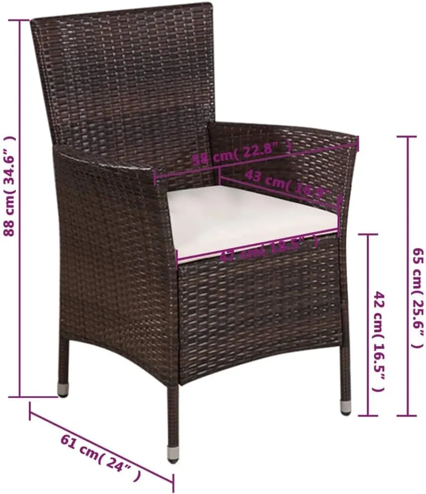 Brown Poly Rattan Patio Chair Set with Cream Cushions, Outdoor Dining Chair and Stool, Lightweight Steel Frame Furniture for Garden, Poolside, Backyard