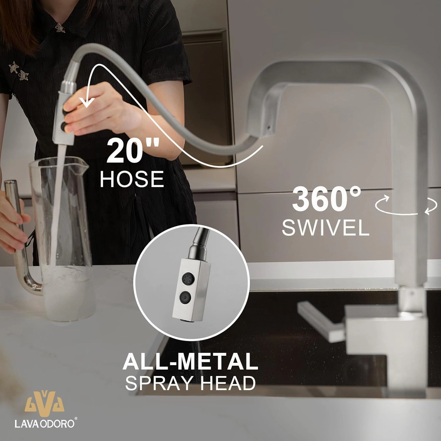 Brushed Nickel Kitchen Faucet with Pull Down Sprayer, Lava Odoro Single Handle Kitchen Sink Faucet, Faucet for Kitchen Sink with Magnetic Docking Spray Head and Deck Plate, KF182-BN