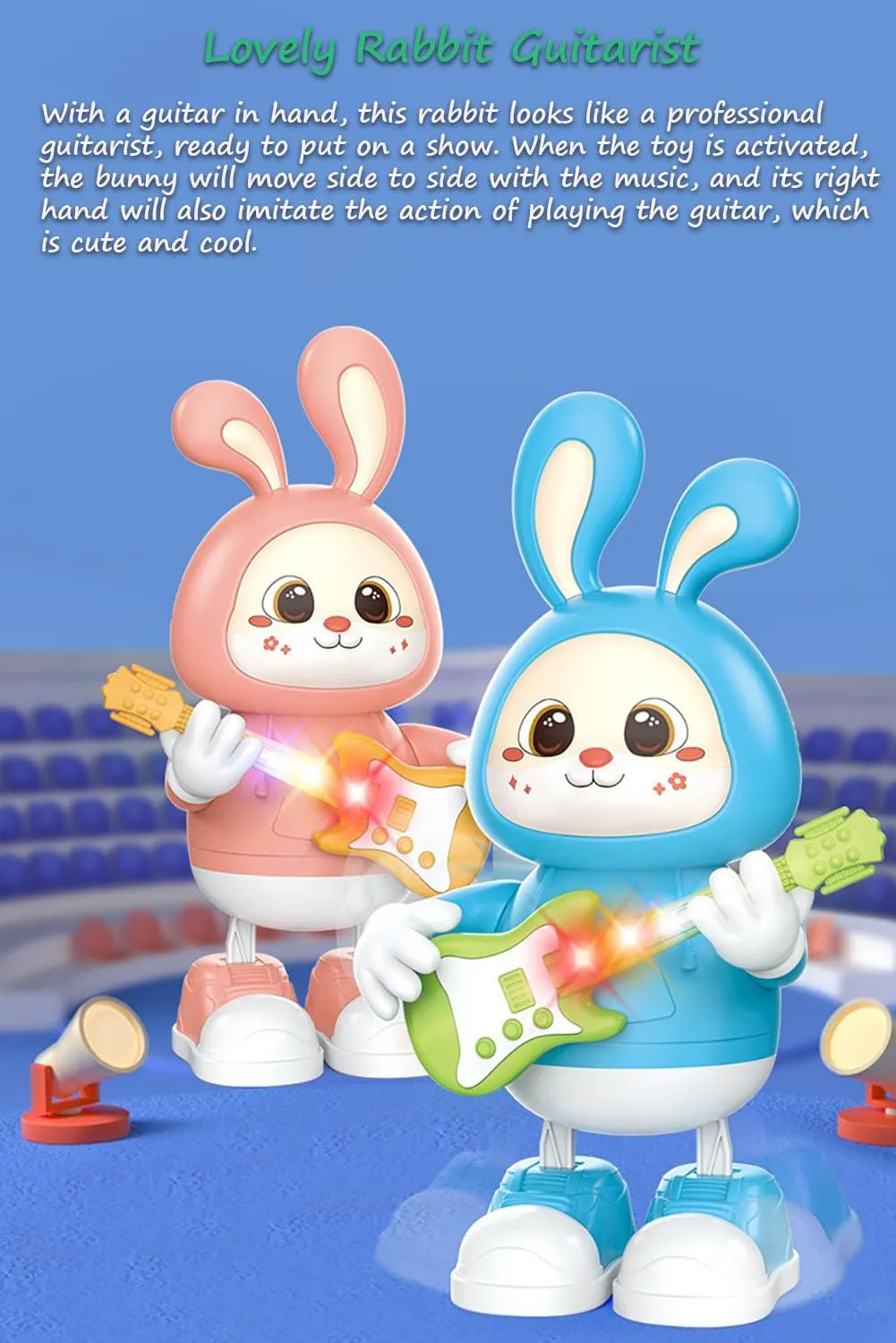 Bunny Guitarist - Dancing Rabbit Toy with Dynamic Music & Cool Lights | Legs Move Sideways | Body Twist (Blue)