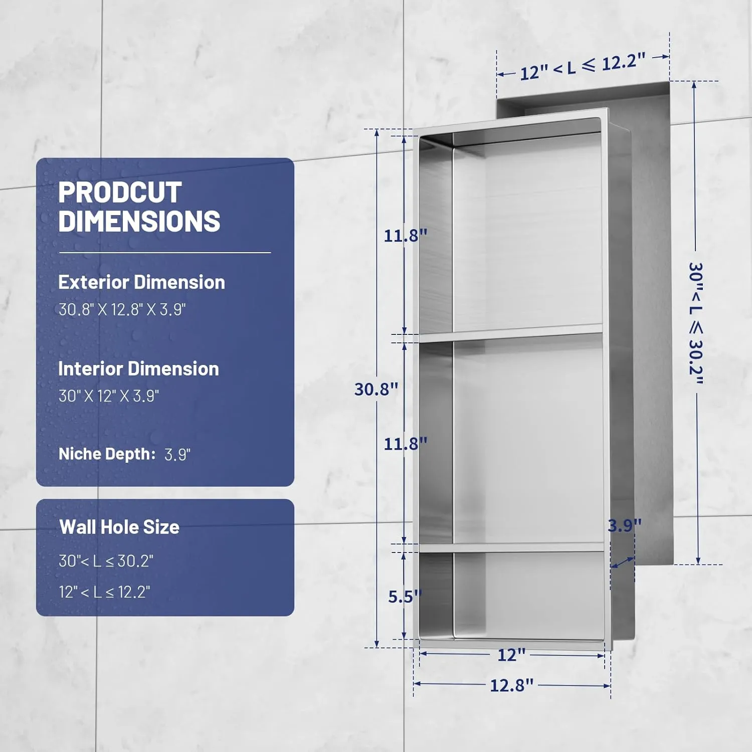 BWE Black Shower Niche 12" X 30" Stainless Steel Bathroom Niche for Shower Wall NO Tile Needed 3-Tier Recessed Niche for Bathroom Storage,Over Mount Installation