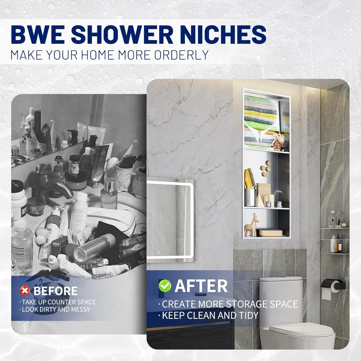 BWE Black Shower Niche 12" X 30" Stainless Steel Bathroom Niche for Shower Wall NO Tile Needed 3-Tier Recessed Niche for Bathroom Storage,Over Mount Installation
