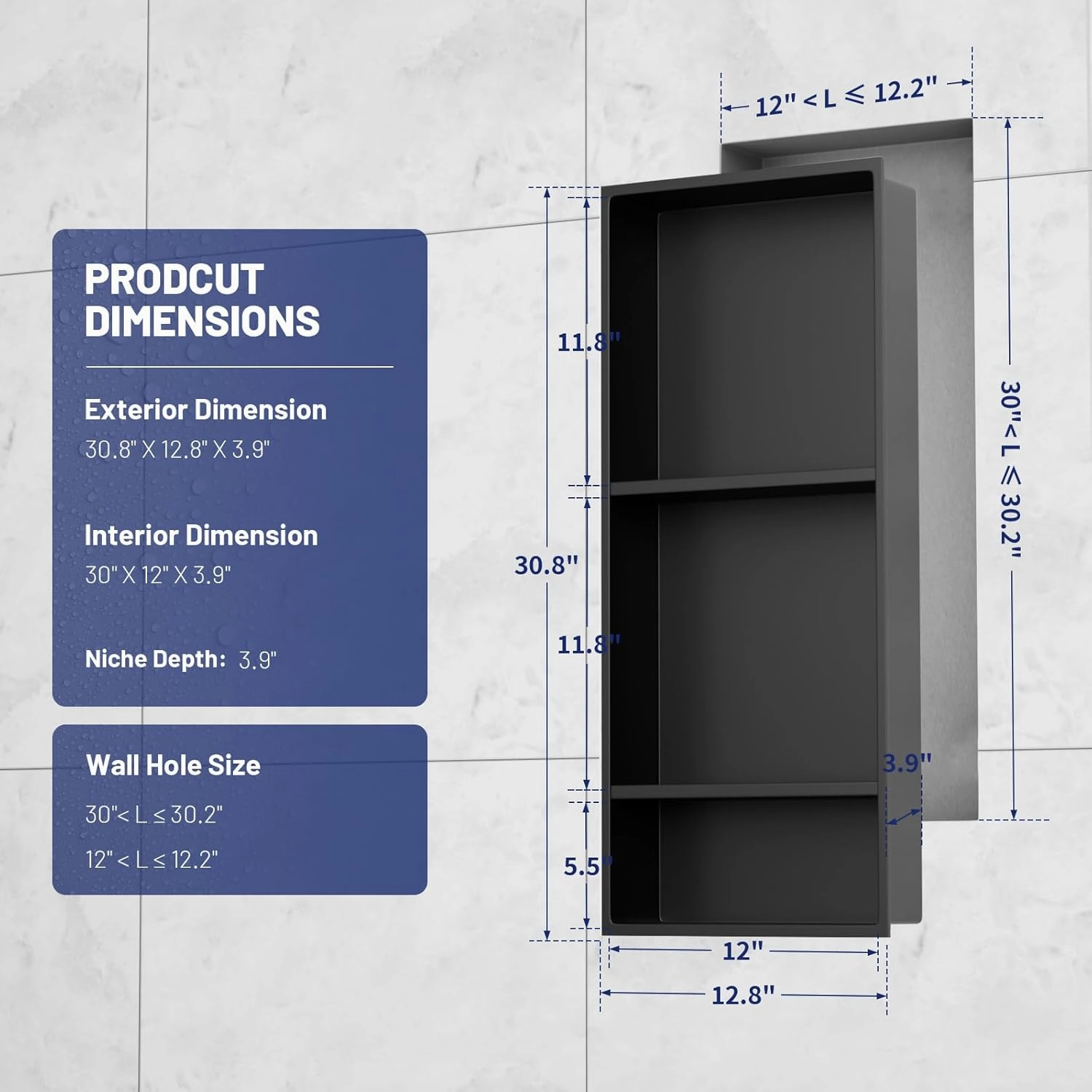 BWE Black Shower Niche 12" X 30" Stainless Steel Bathroom Niche for Shower Wall NO Tile Needed 3-Tier Recessed Niche for Bathroom Storage,Over Mount Installation