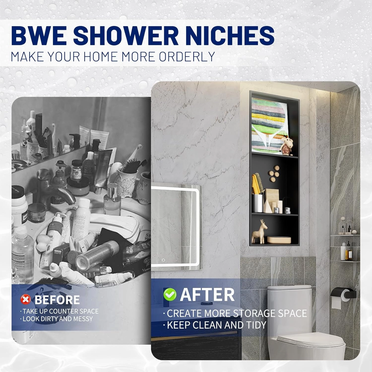 BWE Black Shower Niche 12" X 30" Stainless Steel Bathroom Niche for Shower Wall NO Tile Needed 3-Tier Recessed Niche for Bathroom Storage,Over Mount Installation