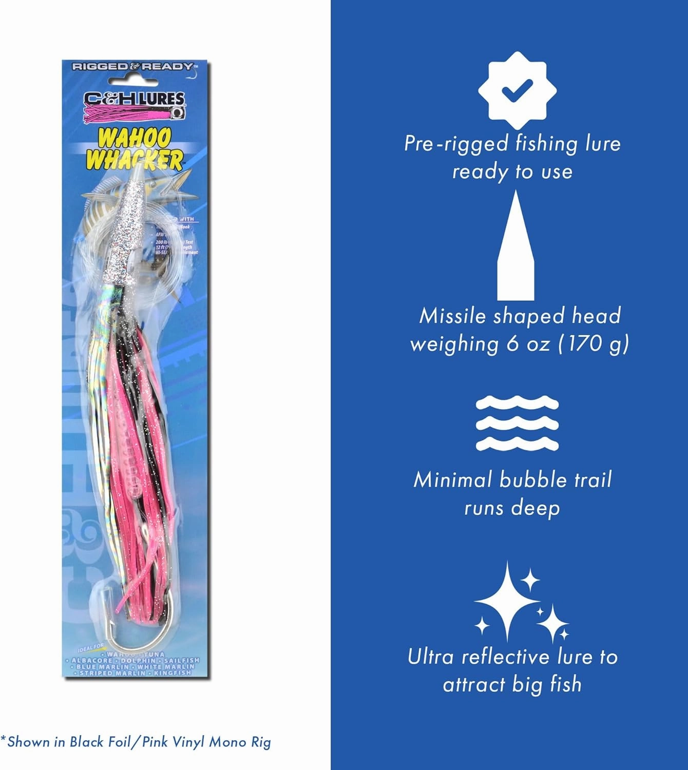 C&H Lures Wahoo Whacker Rigged & Ready 12.5in - Saltwater Fishing Lures with 10/0 Mustad Hook, AFW Swivel & 200 lb Grand Slam Mono Line - Premium Saltwater Fishing Gear Trolling Rig
