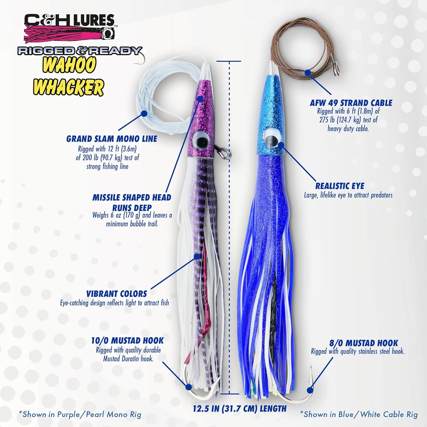C&H Lures Wahoo Whacker Rigged & Ready 12.5in - Saltwater Fishing Lures with 10/0 Mustad Hook, AFW Swivel & 200 lb Grand Slam Mono Line - Premium Saltwater Fishing Gear Trolling Rig