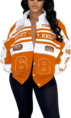 CALEBGAR Women Varsity Jacket Motorcycle Detachable Letter Graphic Racer Vintage Colorblock Baseball Coats Streetwear