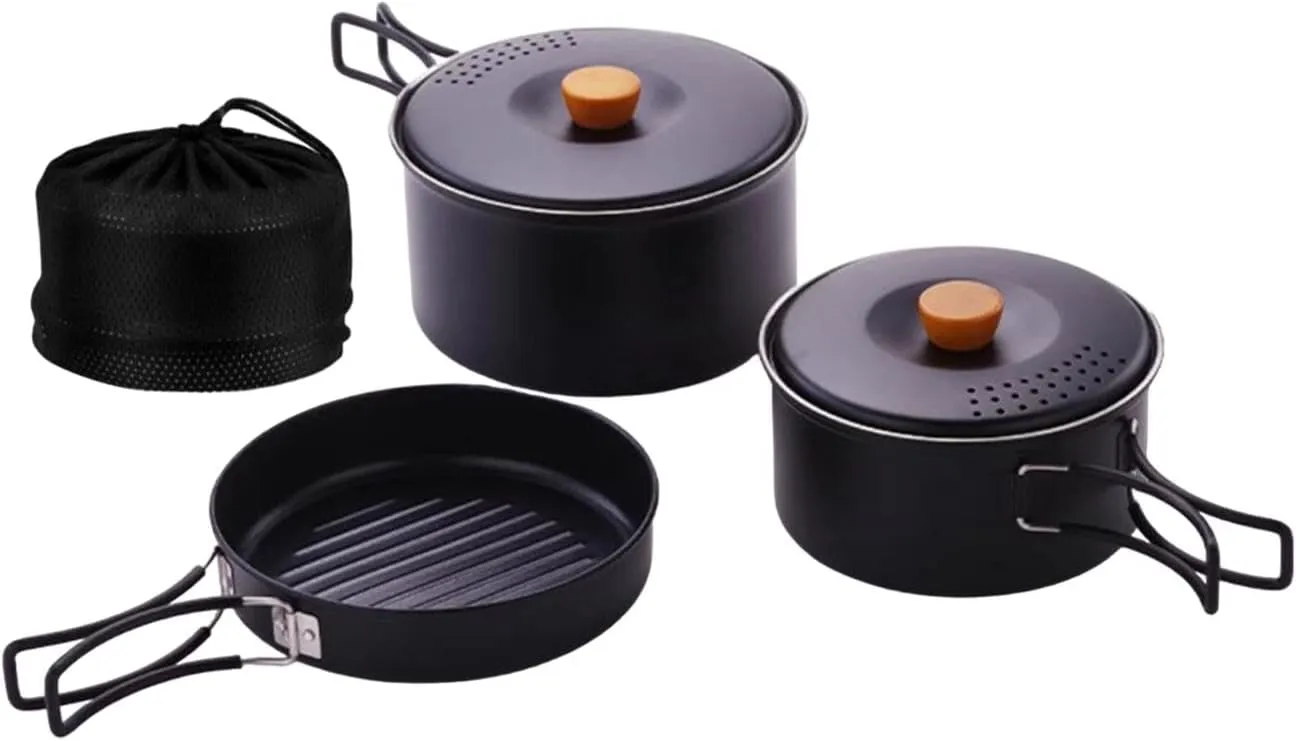 Camping Cooking Kit with 3 Stainless Steel Pots and Pans and Carry Bag for Outdoor Activities