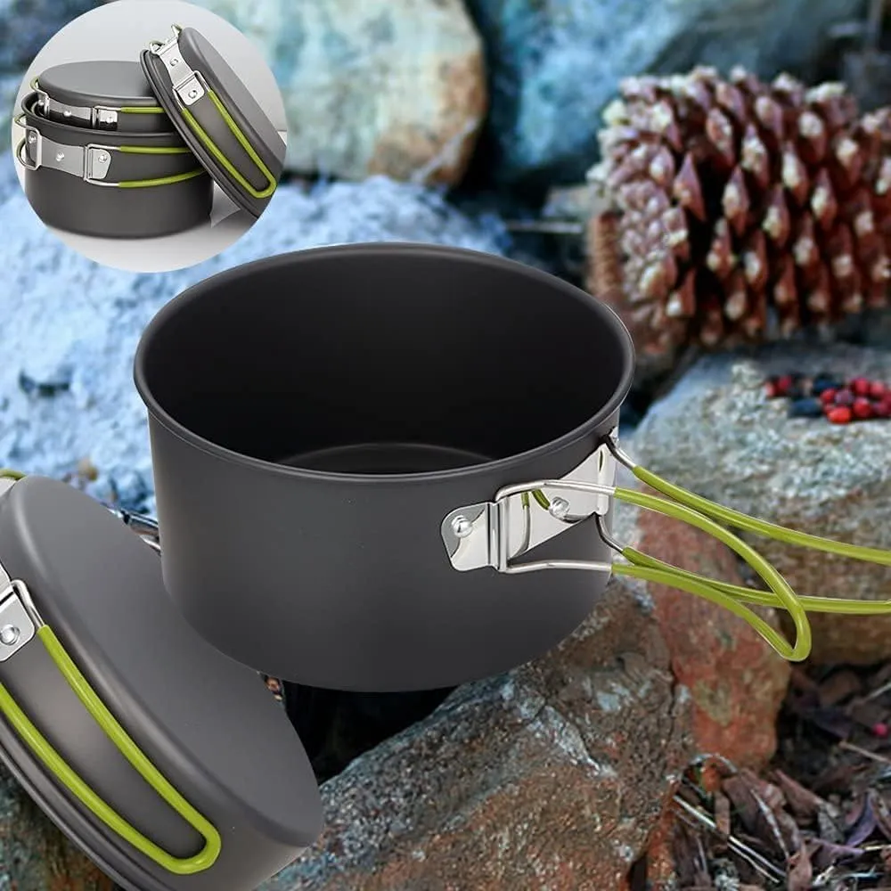 Camping Cookware Set 4 Person Camping Gear Campfire Utensils Non-Stick Cooking Equipment Lightweight Stackable Pots and Plate Bowls with Storage Bags for Outdoor Hiking