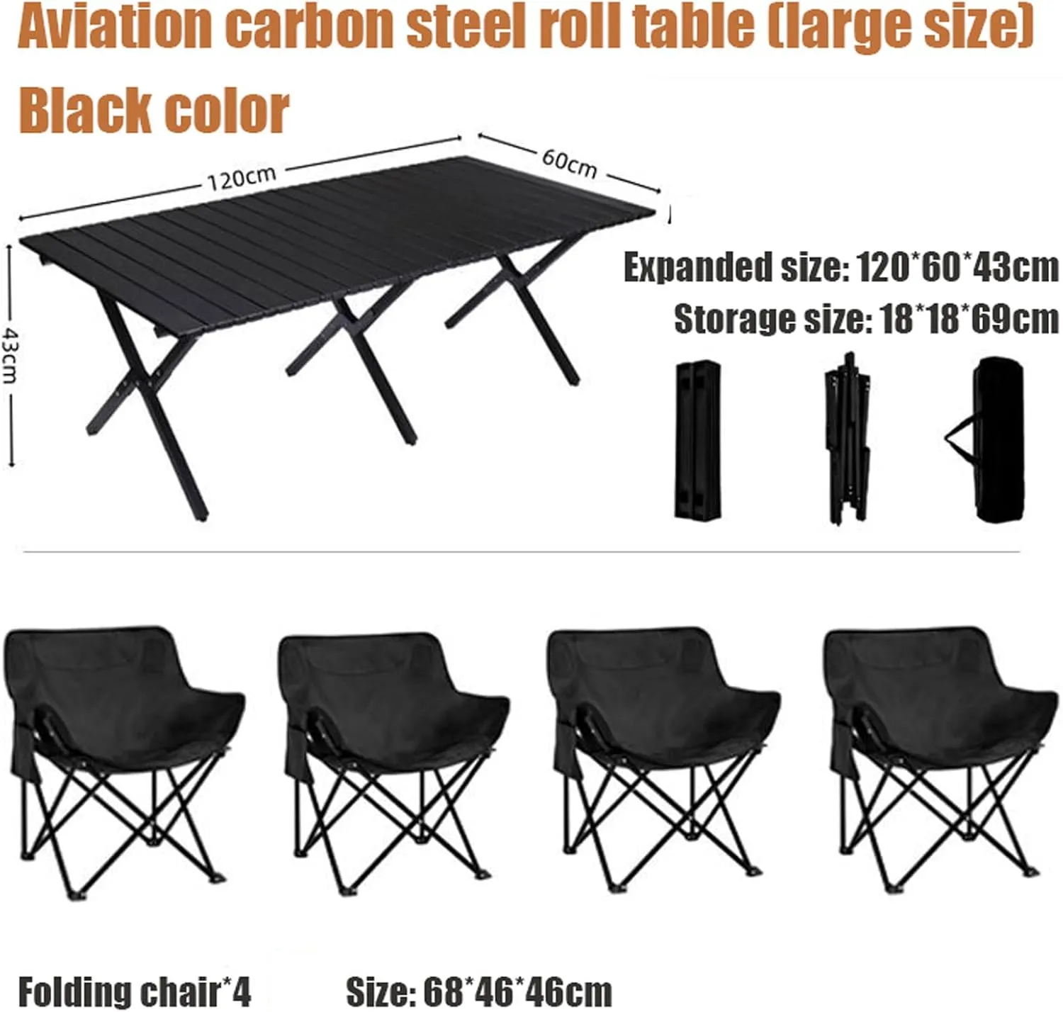 Camping Furniture Set with Carbon Steel Roll-up Table and Ultralight Picnic Chair, Portable Folding Compact Table and Chairs Set for Outdoor Indoor Use