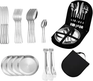 Camping Plates and Utensils, 20-Piece Stainless Steel Camping Cutlery Set Includes Forks, Spoons, Knives, Food Tongs and Plates, Portable Travel Silverware Set with Case for 4 People