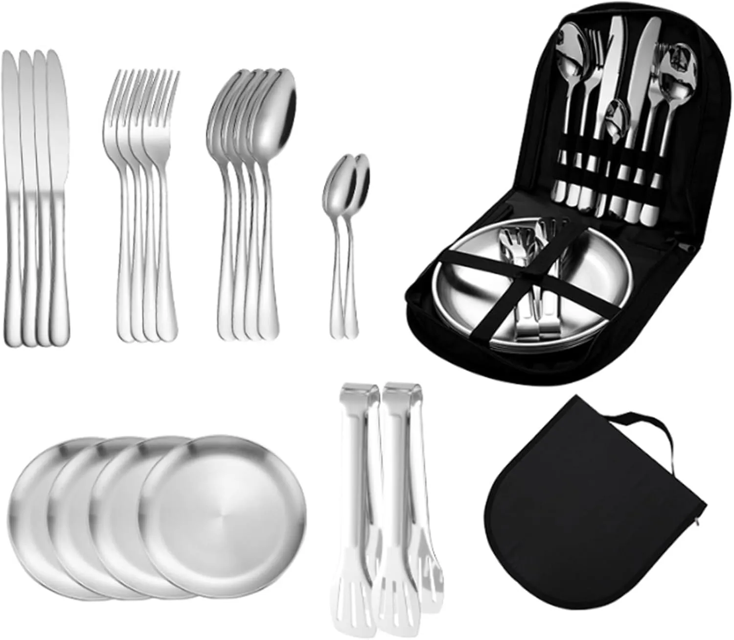 Camping Plates and Utensils, 20-Piece Stainless Steel Camping Cutlery Set Includes Forks, Spoons, Knives, Food Tongs and Plates, Portable Travel Silverware Set with Case for 4 People