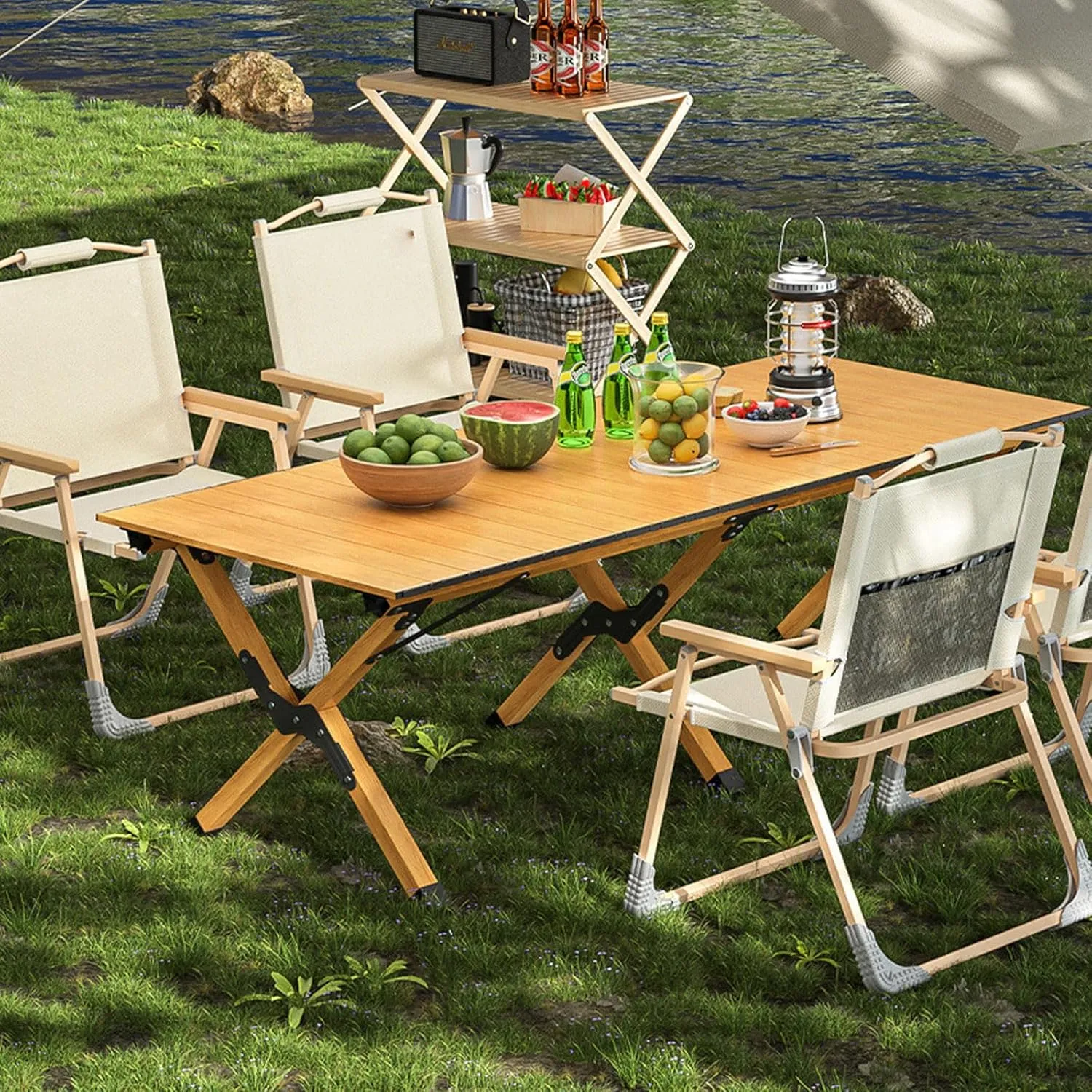 Camping Table and Chairs, 3Pcs Picnic with Aluminum Roll-up Backpacking Lawn Chair Portable Folding Furniture for Indoor Outdoor