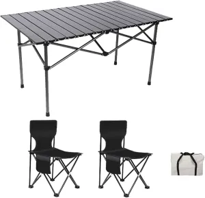 Camping Table Chairs, Folding Chair Set with Table Aluminum Roll-up Table Top Lightweight Foldable Table Lawn Chair with Storage Bags, Quick Assembly