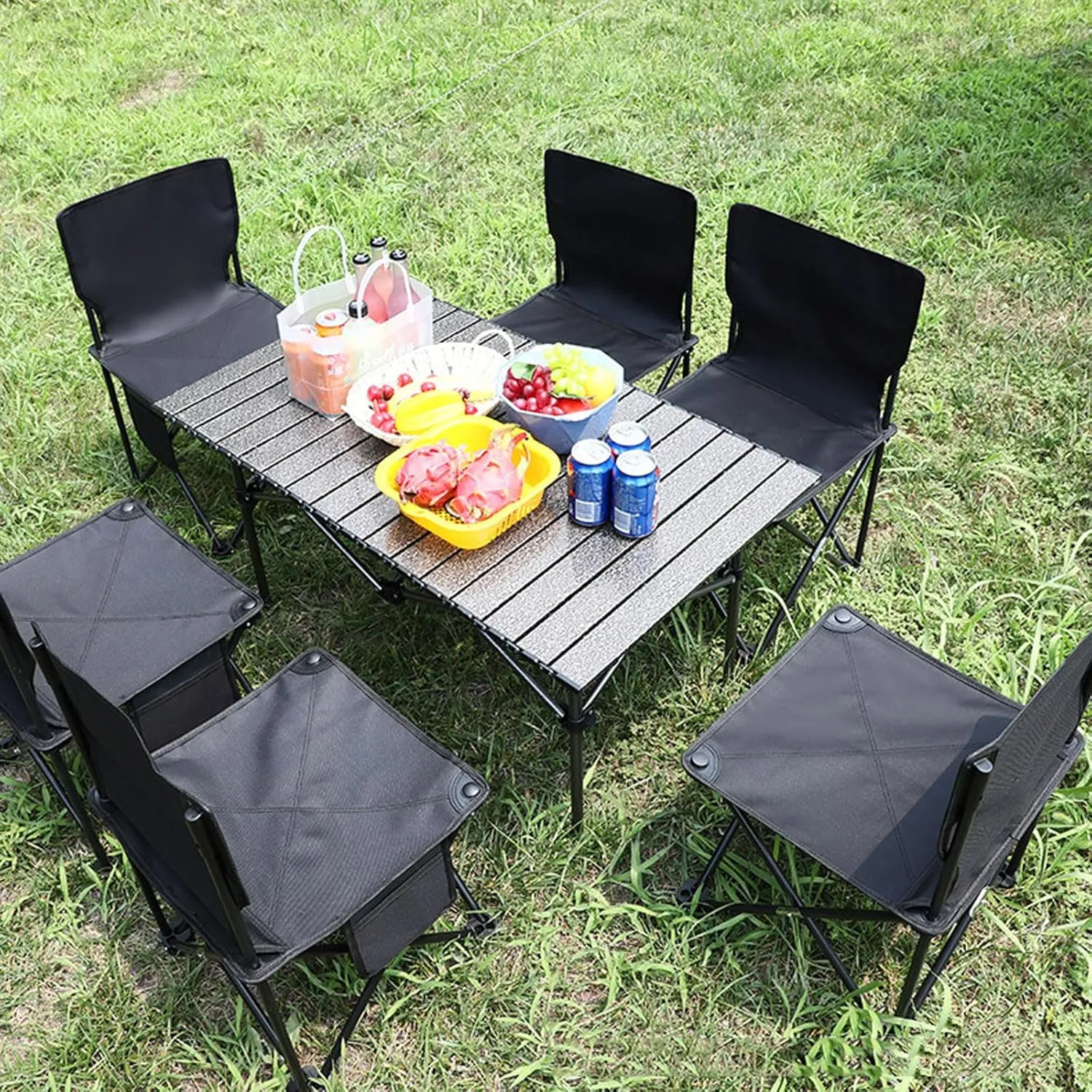 Camping Table Chairs, Folding Chair Set with Table Aluminum Roll-up Table Top Lightweight Foldable Table Lawn Chair with Storage Bags, Quick Assembly