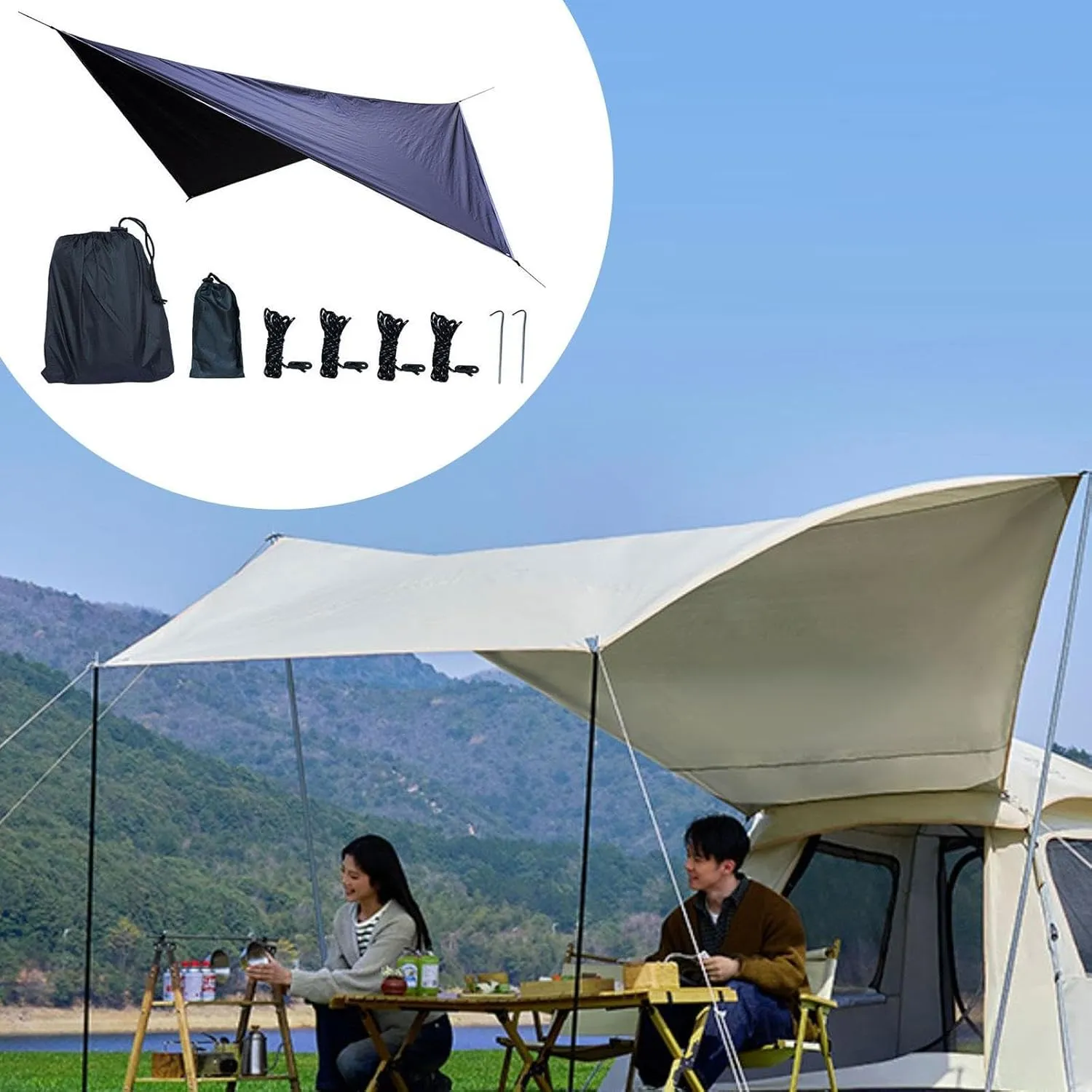Camping Tarp Hammock Canopy Sun Protection Large Tent Tarp Awning Rain Awning for Fishing, Backyard, Traveling Picnic Outdoor, Black