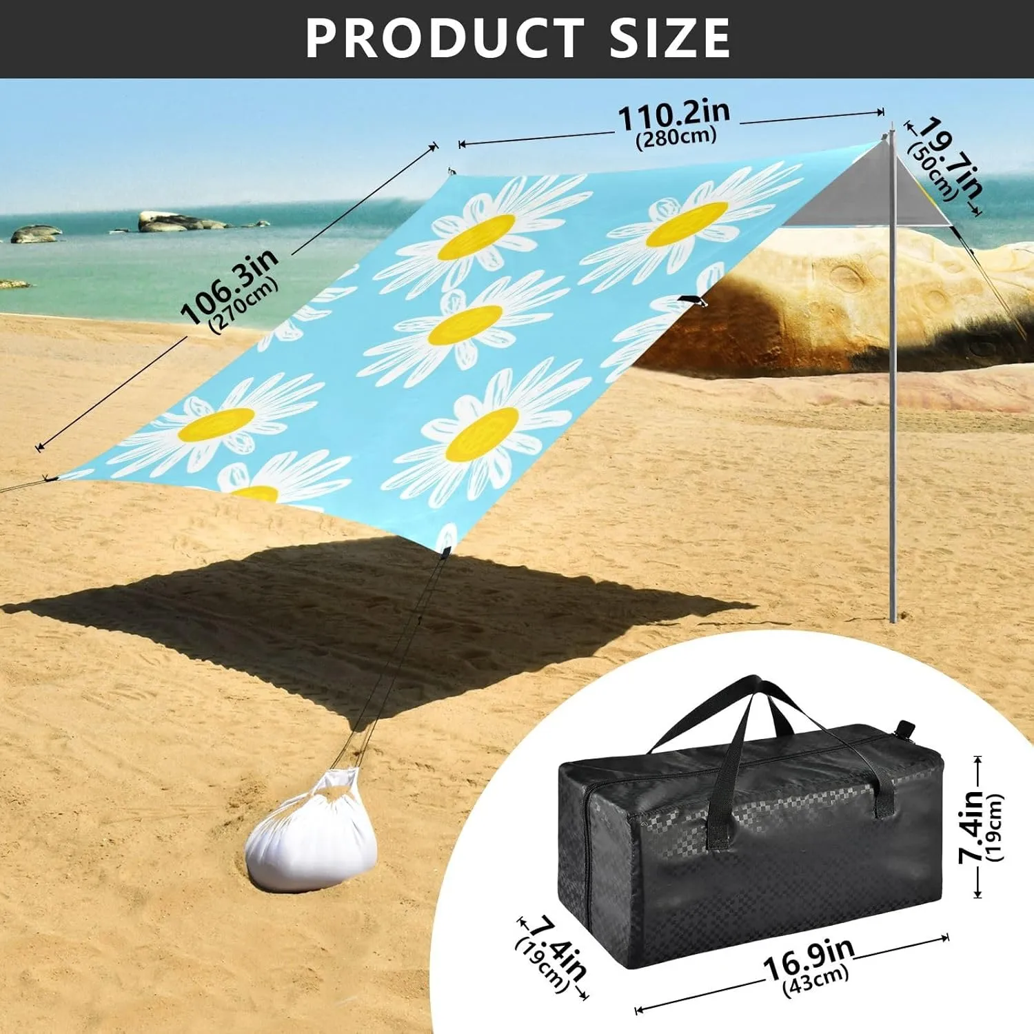 Canopy Beach Tent White Daisies Light Blue Outdoor Patio Shade Cute 9.2 × 10.5 FT Funny Camping Sun Shelter Custom Waterproof with Sand Bags Poles