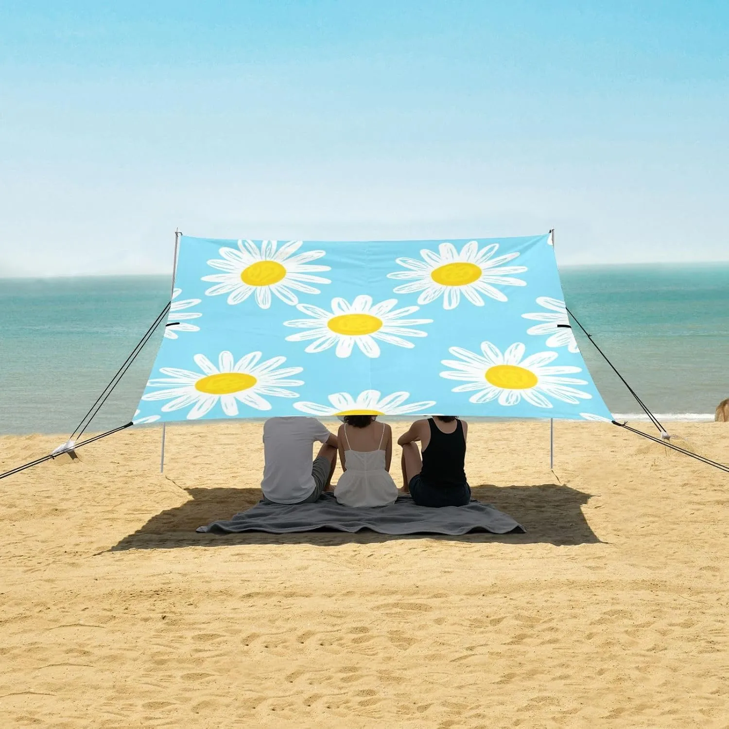 Canopy Beach Tent White Daisies Light Blue Outdoor Patio Shade Cute 9.2 × 10.5 FT Funny Camping Sun Shelter Custom Waterproof with Sand Bags Poles
