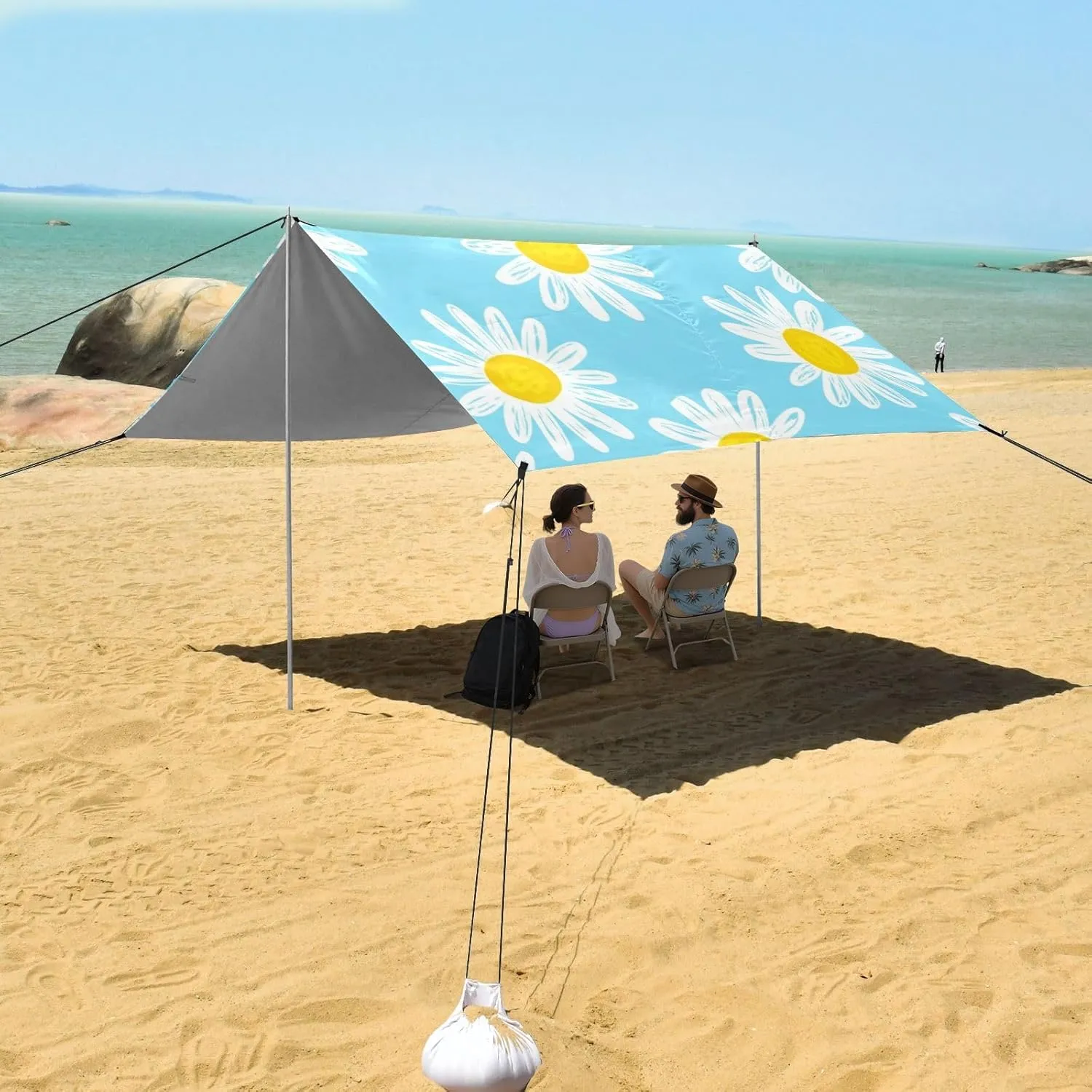 Canopy Beach Tent White Daisies Light Blue Outdoor Patio Shade Cute 9.2 × 10.5 FT Funny Camping Sun Shelter Custom Waterproof with Sand Bags Poles