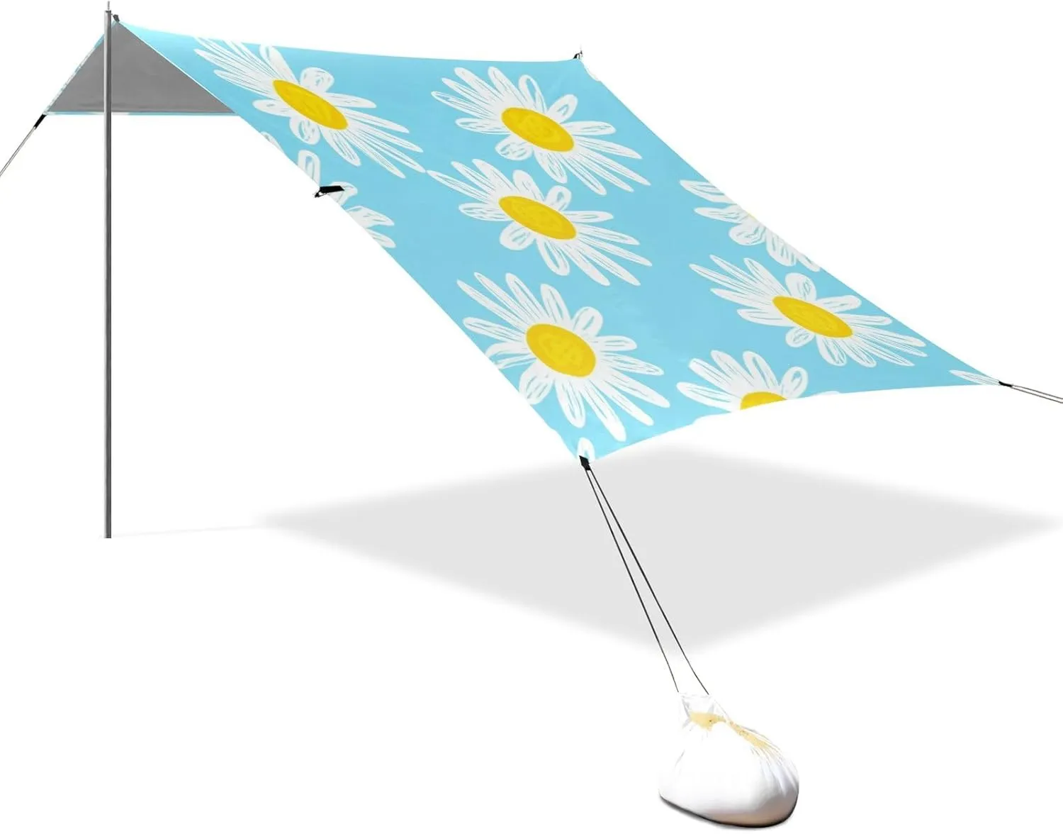 Canopy Beach Tent White Daisies Light Blue Outdoor Patio Shade Cute 9.2 × 10.5 FT Funny Camping Sun Shelter Custom Waterproof with Sand Bags Poles