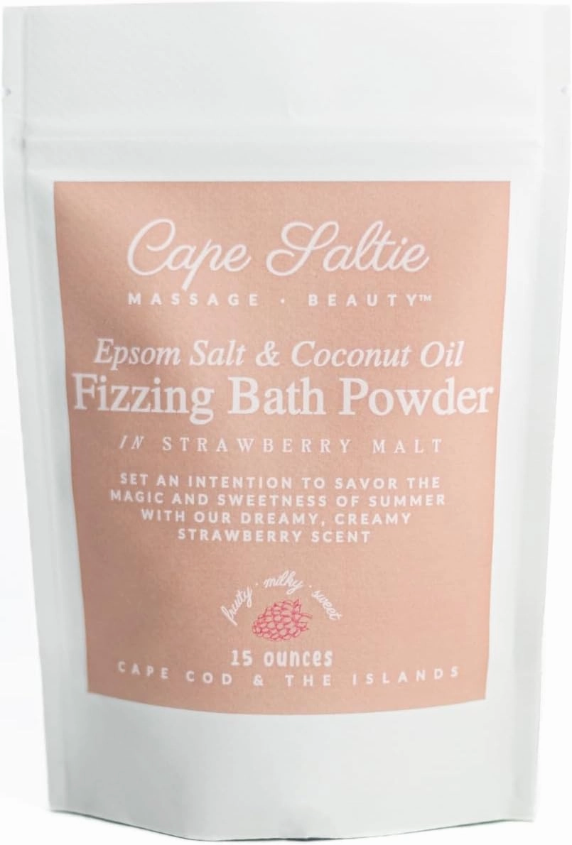 Cape Saltie · Massage Beauty Epsom Salt & Coconut Oil Fizzing Bath Powder in Strawberry Malt (1 Bag, 15 oz, 3-5 Soak Experiences) | Soothe Muscles & Aches | Colorful, Aromatic Stawberry & Vanilla
