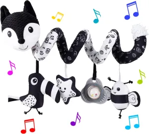 Car Seat Toys, Infant Baby Black Fox Spiral Plush Activity Hanging Toys for Car Seat Stroller Bar Crib Bassinet Mobile with Music Box BB Squeaker and Rattles（Black）